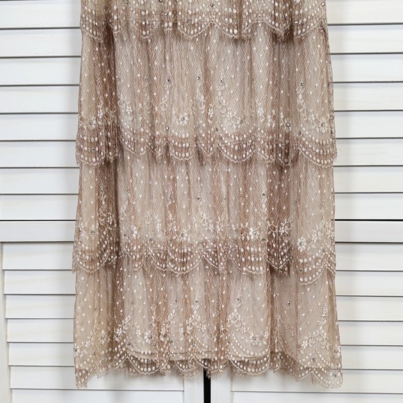 Vtg 80s Rina di Montella Silk Lace Tiered‎ Midi Dress Tan Rhinestone Size 6 - Picture 3 of 9